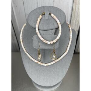 Vintage Pink White Bead Coral Beaded Necklace Hawaii Bracelet Earrings Set